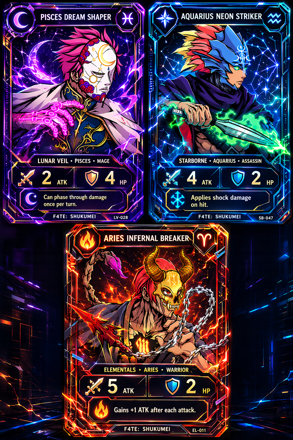 F4TE NFT Cards Compilation Showing Character, Order, and Zodiac